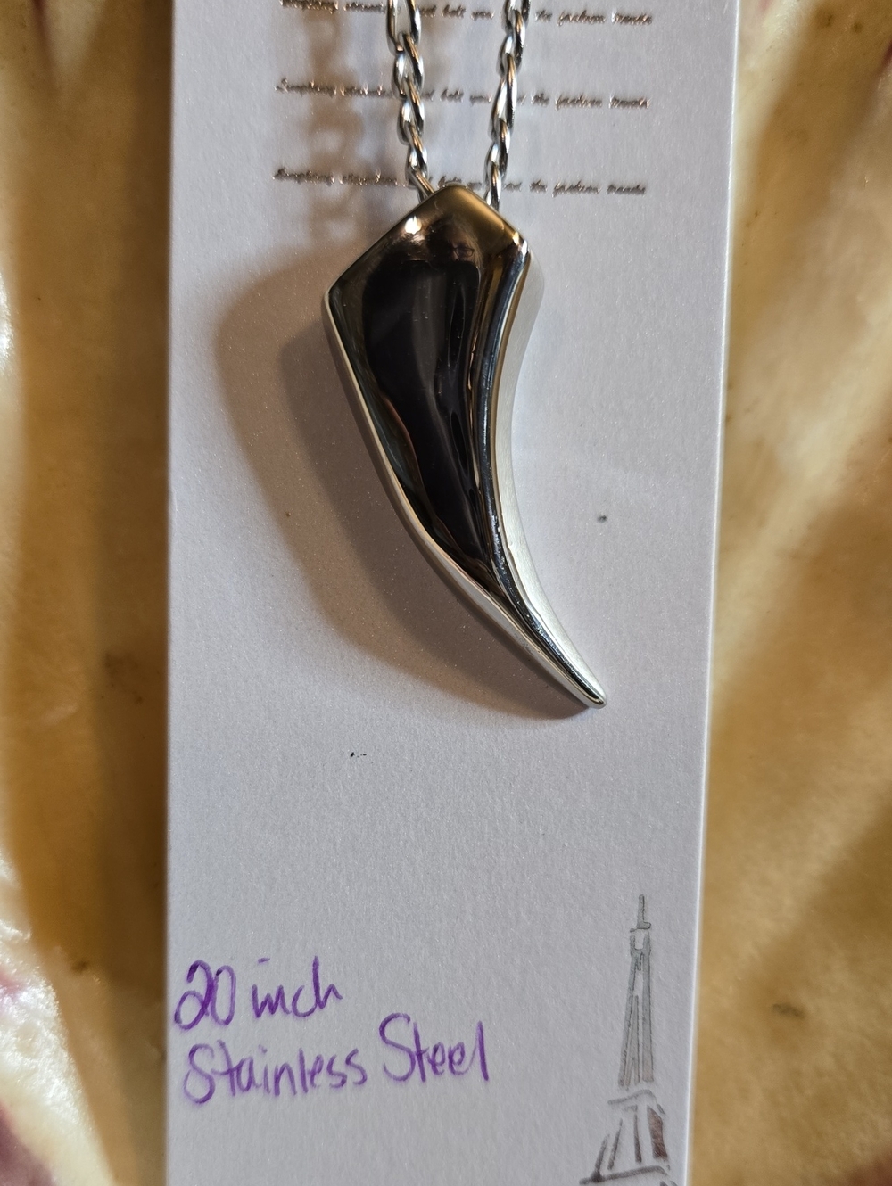 Stainless Steel Curved Tooth Pendant Necklace - Silver